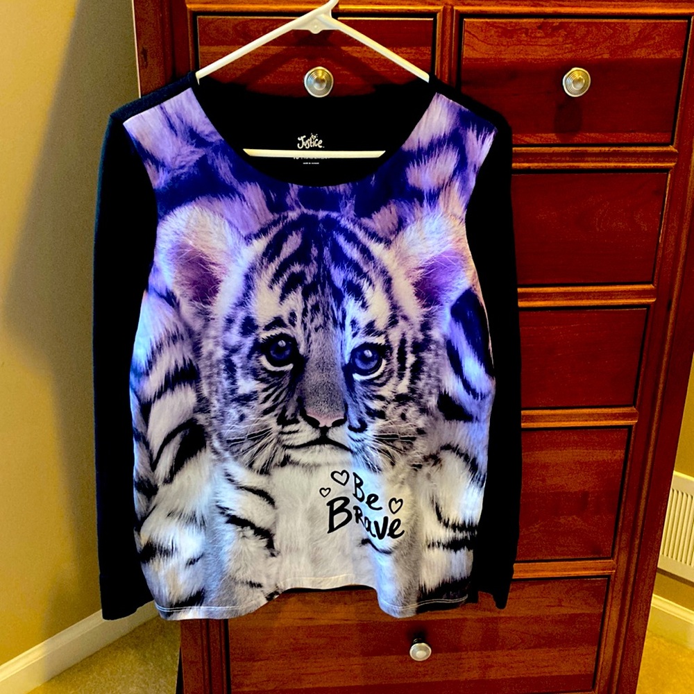 Justice graphic “Be Brave” shirt w/ cat, black and purple, size 18, long sleeve